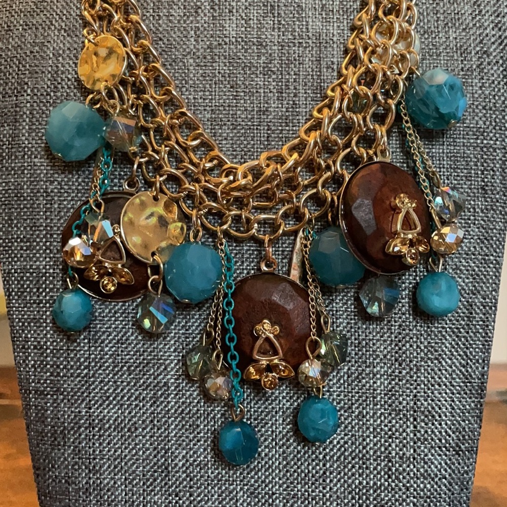 Gold Necklace with Blue and Wooden Accents
